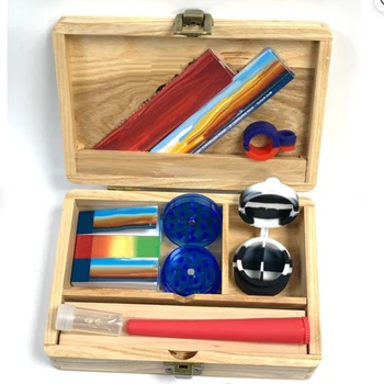 De madera de Rodadura Box Set de Fumar de Plástico Picadora con Frasco de Vidrio y el Balanceo de la Bandeja de Madera Alijo Cuadro