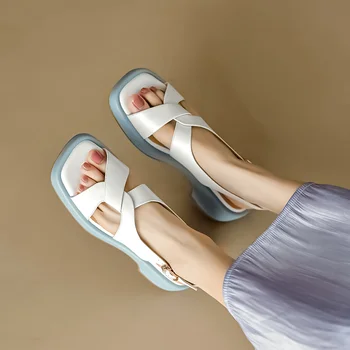 5CM de la Cruz Correa Sqaure Open Toe Sandalias de Mujer de Verano de Nueva Casual Gruesa suela Romano Zapatos de Moda Simples Sandalias Sandalias de Damas