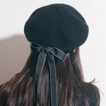 2023 Nuevo de la Moda las Mujeres Suave Arco Elegantes Boinas Caliente del Invierno Sombrero de Harajuku Boina de Lana Sombrero con Bowknot