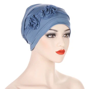 Flores 3D Turbante Tapa de Gorros de lana para Mujer Musulmana con Hiyab Cubierta de la Cabeza de Damas de Color Sólido de la India Tapa de Pañuelos de Pérdida de Cabello Cáncer Quimioterapia Cap