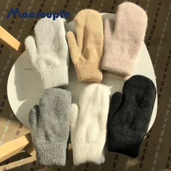 Doble capa de pelo de conejo guantes de mujer de invierno versión coreana de color sólido de todos los dedos de invierno de las mujeres guantes mitones de las niñas
