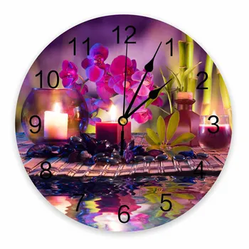Violeta De La Vela De La Orquídea De Bambú, Piedra Decorativa De La Ronda De Reloj De Pared De Diseño Personalizado, No Marcando Silencio Dormitorios Gran Reloj De Pared