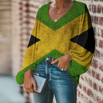 Blusa Feminina Más El Tamaño De Los Tops De Las Mujeres Blusa Linda Bandera De Jamaica Impresión Casual Suelto De Manga Larga Sexy Camisas De Verano Vogue V-Cuello De 2023