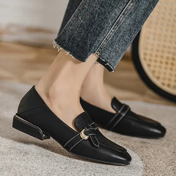 Las mujeres Mocasines de Coser Bajo los Tacones de Zapatos Casual 2021 Primavera del Dedo del pie Cuadrado Deslizamiento sobre el Plano de los Zapatos de Hebilla de los Pisos de la Mujer Negro Zapatos Oxford 8985N