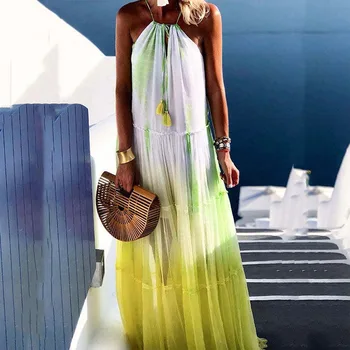 Sexy Suelto de la Correa de Espagueti Vestido de Moda, Mosaico de Malla Plisada Vestido de Playa de Verano de Streetwear Tie-dye Gradiente de las Mujeres Vestido Largo
