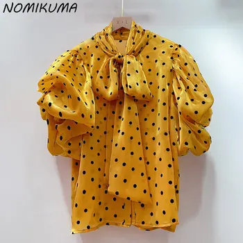 Nomikuma 2023 Verano Nuevo Punto para Mujer de la parte Superior coreano de Proa Vendaje V-cuello Puff Manga Blusas de Moda Dulce Elegante Camisa Blusas