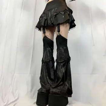 Gótico de Cuero Patchwork Mini Falda con Pantalón de la Pierna de la Mujer Lolita Grunge Falda Oscura Académico Streetwear Punk Ropa Falda Negra