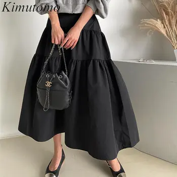 Kimutomo Vintage Suelto Sólido Pliegues de Empalme Diseño de Una línea de Falda de Mujer Elegante de Alta Cintura de Gran Swing Plisada Faldas Versátil