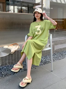 2023 Verano Coreano De La Moda De Letra De Impresión Camisa De Mujer De Vestir Elbise Casual Suelto Más El Tamaño De Manga Corta Maxi Vestidos Largos Para Las Mujeres