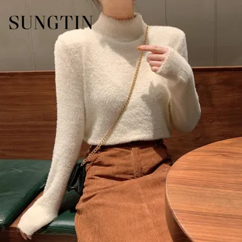 Sungtin 2023 Invierno Cálido Básica Suéter De Las Mujeres De La Moda Causal De Felpa Suave Jersey De Mujer De Corea Sólido Elegante Puente De Señora De La Oficina