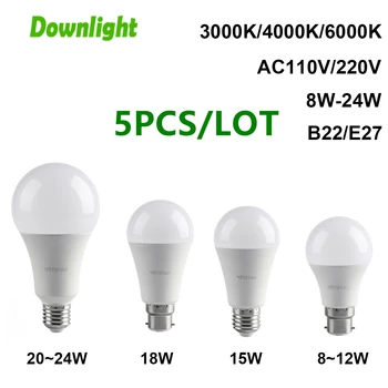 5PCS Led Bombilla Lámparas de AC110V AC220V E27 B22 de la Luz el Poder Real 8W 9W 10W 12W 15W 18W Lampada Para el hogar y decoración de la oficina