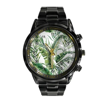 Nuevo calendario de negocios de acero banda reloj de los hombres tropical verde de la planta de monstera relojes de cuarzo de moda Reloj de Pulsera