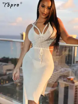 Sexy de Punto Blanco Midi Vestido de Mujer Elegante V-cuello Hueco Dividido Bodycon Vestidos de 2023 de la Moda de Playa de Verano sin Respaldo Batas