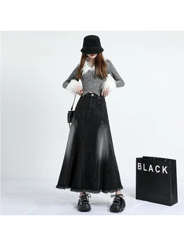 2023 Verano American Vintage Holgado Negro Falda de Mezclilla de Grunge de las Mujeres de Cintura Alta del Y2K, Estilo de la Calle Básico de la Falda de Una Línea de Ropa de Señora