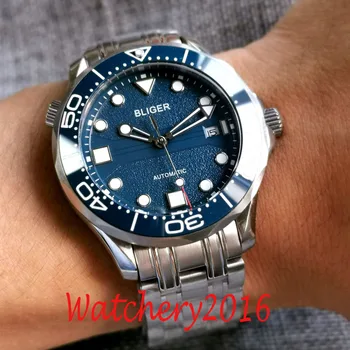 41mm Bliger Azul Dial de Cristal de Zafiro de Cerámica Bisel de Acero Inoxidable Miyota 8215 Automático Reloj para Hombre