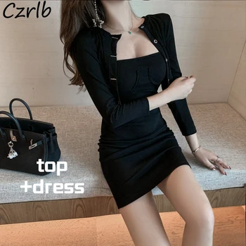 Las mujeres Conjuntos Recortada O-cuello Tops Negro Slim Mini Vestido de 2 Piezas Coinciden Otoño Estilo coreano Casual Simple Popular de la Vendimia Ins