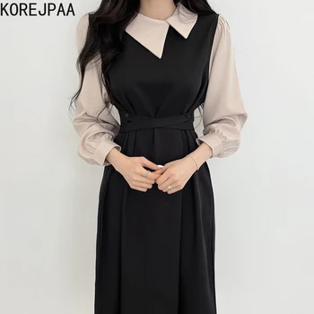 Korejpaa Las Mujeres Vestido De 2021 Otoño Coreano Elegante Elegante Temperamento Irregular De La Solapa De Color De Contraste Costuras Puff Manga Vestidos