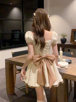 Dulce Kawaii Lolita Vestido Coreano De La Moda De Y2k Mini Vestido De Mujer Casual De Manga Corta De Encaje Hasta Vestido De Elegante Diseño De Arco 2023 Verano