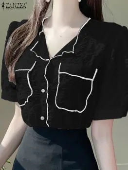 ZANZEA Dulce Versátil Chemise Color Bloque de Detalle de Textura Elegante de las Mujeres Tops Botón de Manga Corta de Cuello Redondo de la Moda Camisetas