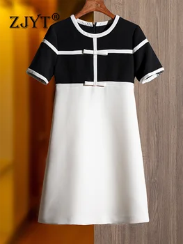 ZJYT Blanco Negro Vestidos de Verano para las Mujeres 2023 Simple Bloque de Color de Manga Corta Traje de Mini Casual Vestidos Para Mujer de la Pista de Nuevo