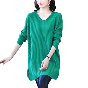 2023 Mujer V-cuello Largo Suéter de Otoño Invierno de Punto de Jersey de Señora Estilo Suelto Verde Suéteres y Pullovers Femenino Puente ZY8225