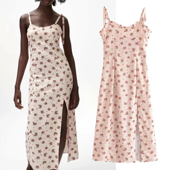 ZA 2021 de las nuevas Mujeres del verano de la moda de impresión Digital de el lino de los vestidos de los Pliegues de la decoración de la Eslinga de vestidos de Recibir la cintura sin Respaldo vestidos mini