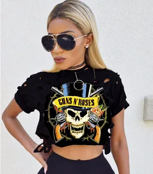 yuqung Corta T camisa para las Mujeres Sexy agujero de la Parte de Club de la camiseta de la 'Crop Tops' rock punk cráneo/esqueleto impreso puente tanque de camisetas camiseta D66