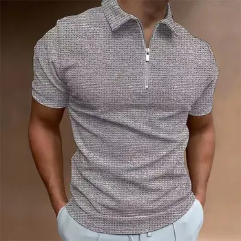 2023 Hombres Waffle Camisas de Polo de Verano de la parte Superior de Color Sólido Cremallera Casual Camisas Para Hombres Ropa camiseta de Manga Corta de los Hombres Camisas Hombre