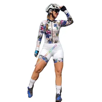 Flores blancas Elegante Ciclismo Mono Libre de Entrega de Ropa De Mujer ropa Deportiva de Traje Largo Mno Mujer de Bicicletas Mono