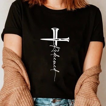 Redimido de la Cruz de Clavos de T-shirt Católica Jesús la Fe de la Camiseta de Arriba de la Escritura de las Mujeres en la Religión Cristiana de la Pascua Camisetas