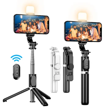 Inalámbrica Bluetooth Selfie Stick Plegable Portátil Trípode con LED Luz de Relleno de Obturación de Control Remoto para Android Ios Smartphone