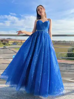 Azul Real Vestidos De Fiesta 2023 Brilla Reluciente Largo Cabestro Cariño De Diamante De Imitación Vestidos De Noche, Fiesta Formal