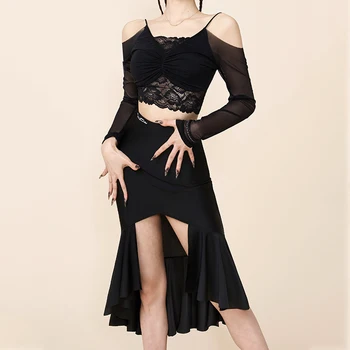 2023 de Verano de Baile latino Ropa de las Mujeres de Encaje Negro Tops Sexy Falda de Hendidura Rumba Vestido de Rendimiento Traje Adulto de Baile Vestido de DNV17472