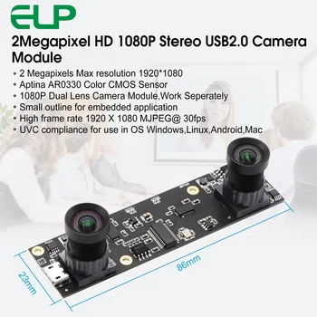 1920x1080 Ninguna distorsión de la Lente Dual USB Webcam Módulo de Aptina AR0330 86*23mm Estéreo USB de la Cámara para Windows, Android, Linux, MAC