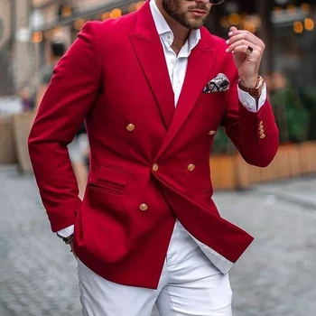 Casual Rojo de Doble Botonadura Hombres Trajes con Pantalón Blanco Slim Fit de Baile Novio Esmoquin de la Boda de llevar 2 Piezas de Moda Blazer
