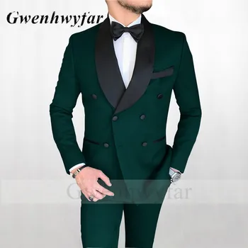 Gwenhwyfar de los Padrinos de boda Trajes de Boda de color Verde Oscuro 2022 Nuevo de Doble Botonadura Chal de la Solapa de la Chaqueta de los Pantalones de los Hombres Formales Prom Trajes de 2 Piezas
