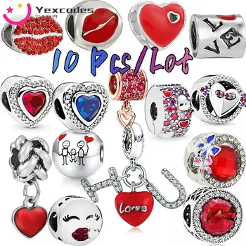 10Pcs/Lot Color Rojo Corazón Encantos Ajuste Fino Original Pulsera de las Mujeres de Bolas Labios el Día de san Valentín Rojo Corazón de la Joyería Fina
