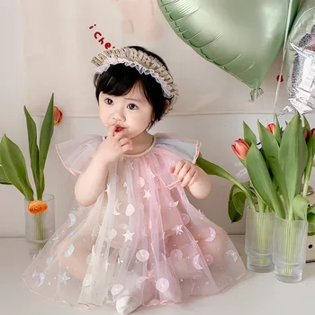 2023 Princesa de Verano Pelele Para Bebé Niñas Niños pequeños Gradiente de Tul con Apliques de Trajes de los Niños Lindos del 1er Cumpleaños Partywear