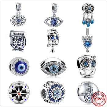 Europeo de Nueva Plata 925 Azul de los ojos de una variedad de lindo búho Colgante del encanto perlas de ajuste de la original Pandora pulsera DIY de la joyería de las mujeres