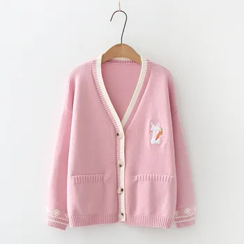 2023 nueva Pequeña Rosa conejo Bordado Suéter Niñas Uniforme de Estilo Japonés V-Cuello de la chaqueta de punto