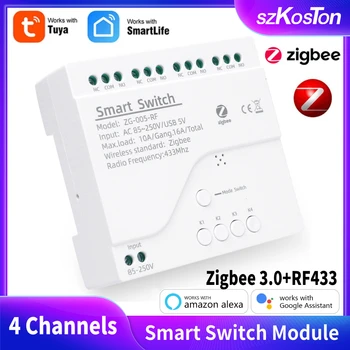 Tuya Zigbee Smart Módulo de conmutación de 4 Canales 85-250V WIfi Relé Riel DIN RF433 Control Remoto Funciona con Alexa Google Zigbee Hub