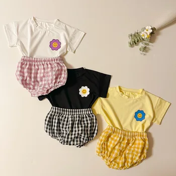 Bebé Ropa de Verano Conjunto de manga Corta T-shirt+ Plaid Shorts coreano Niños Niño de Traje Conjunto de 2023 Niña de Dos Pieza Mameluco